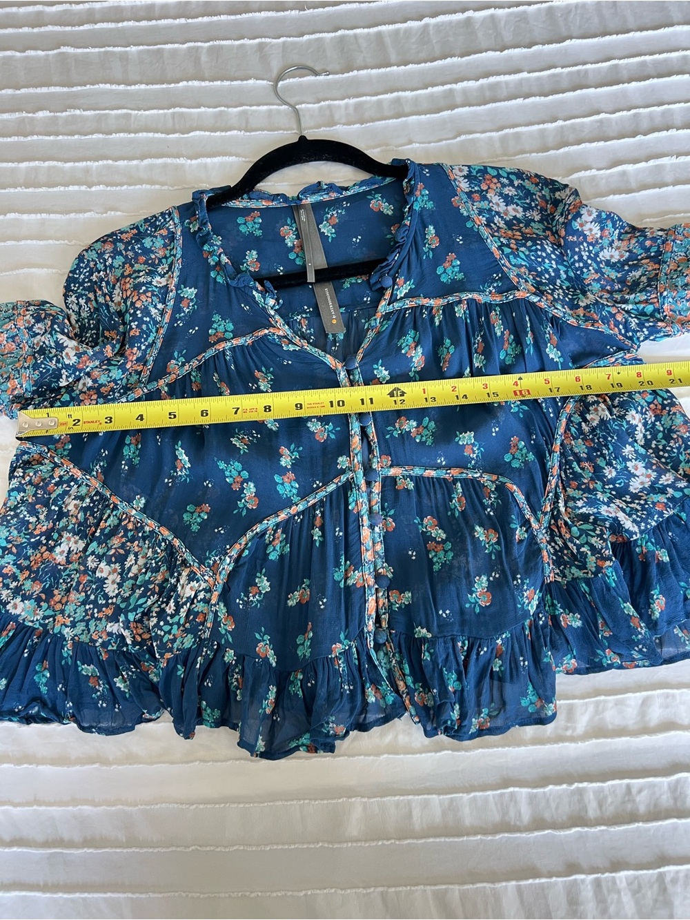 By Anthropologie teal mixed floral print sheer cropped babydoll top size small - Picture 8 of 9